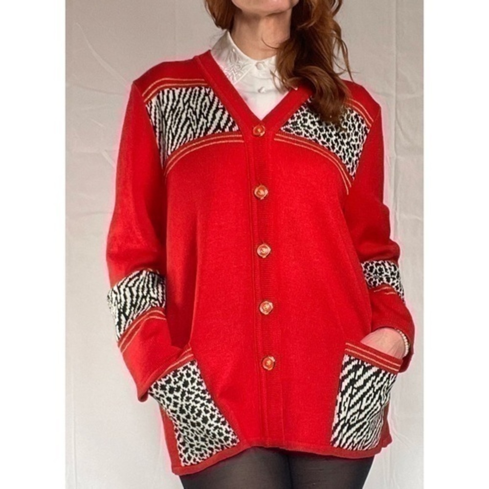 80’s Vintage ‘Steven’ Red Mix Print Boxy Cut Cardigan